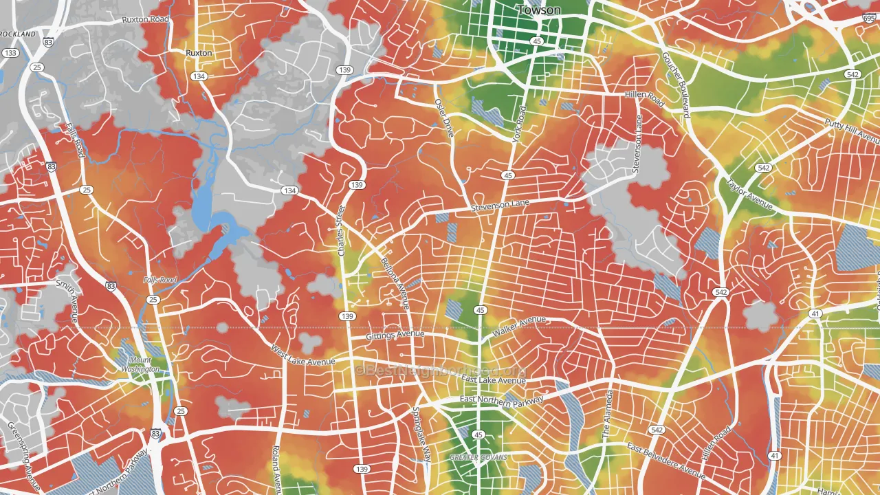 Walk Grade map of Rodgers Forge, Towson, MD, walkable areas in green and car-dependent areas in red