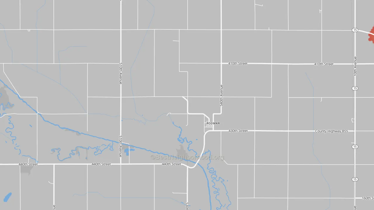 Walk Grade map of Rodman, IA, walkable areas in green and car-dependent areas in red