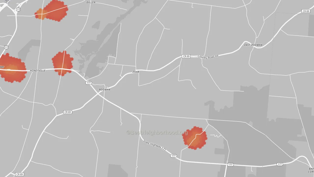 Walk Grade map of Rodman, NY, walkable areas in green and car-dependent areas in red