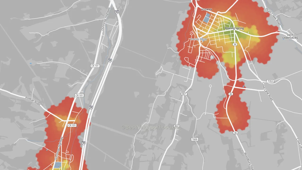Walk Grade map of Rodman, PA, walkable areas in green and car-dependent areas in red