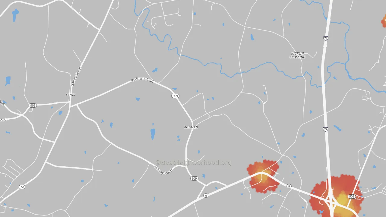 Walk Grade map of Rodman, SC, walkable areas in green and car-dependent areas in red