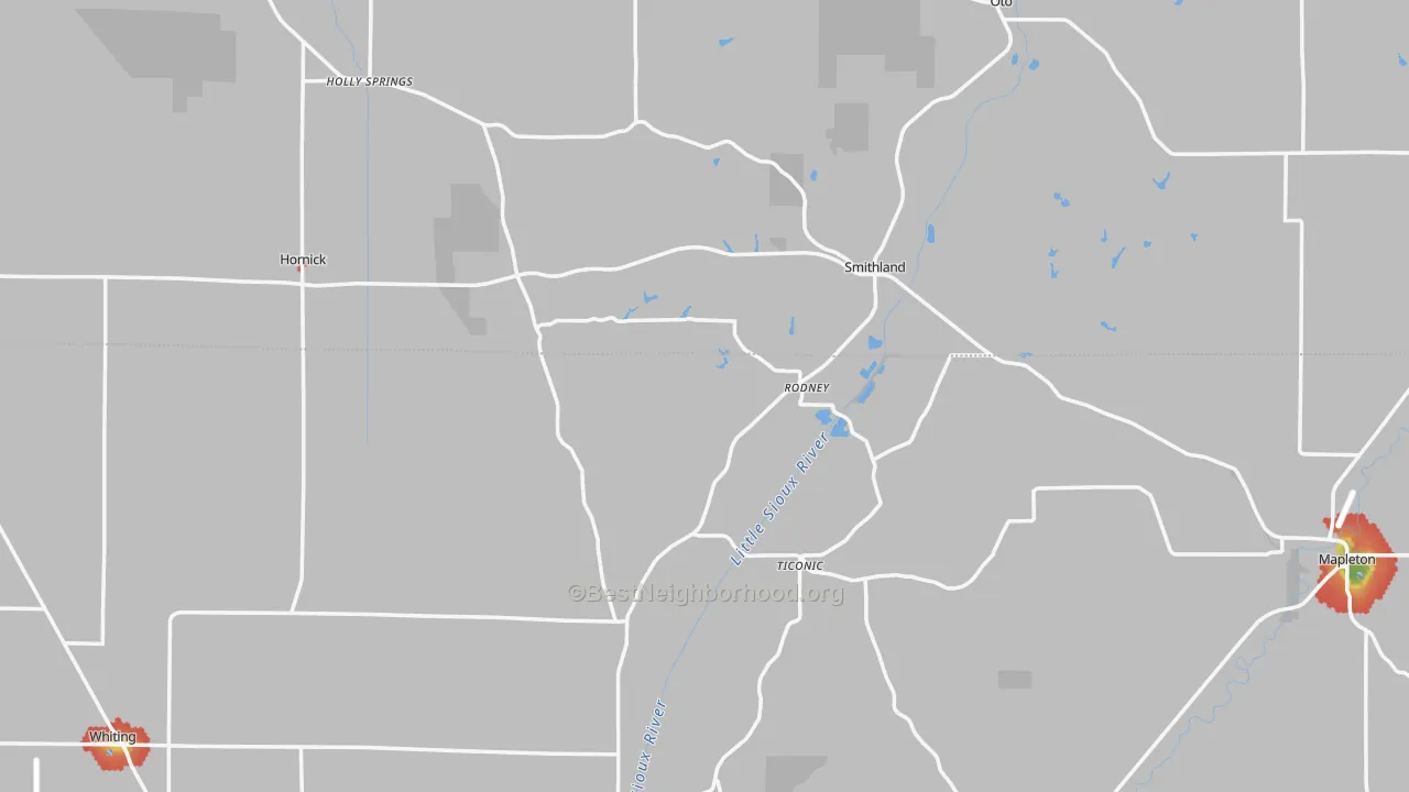 Walk Grade map of Rodney, IA, walkable areas in green and car-dependent areas in red