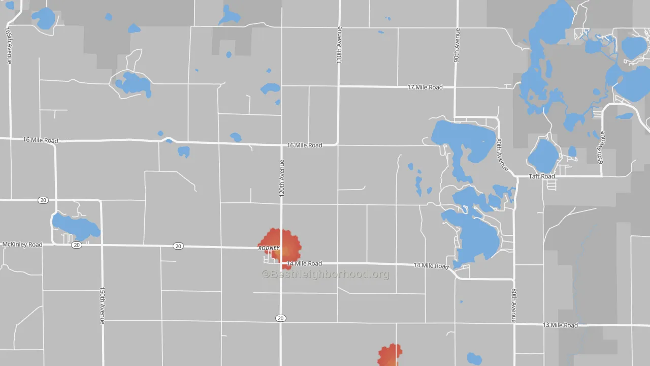 Walk Grade map of Rodney, MI, walkable areas in green and car-dependent areas in red