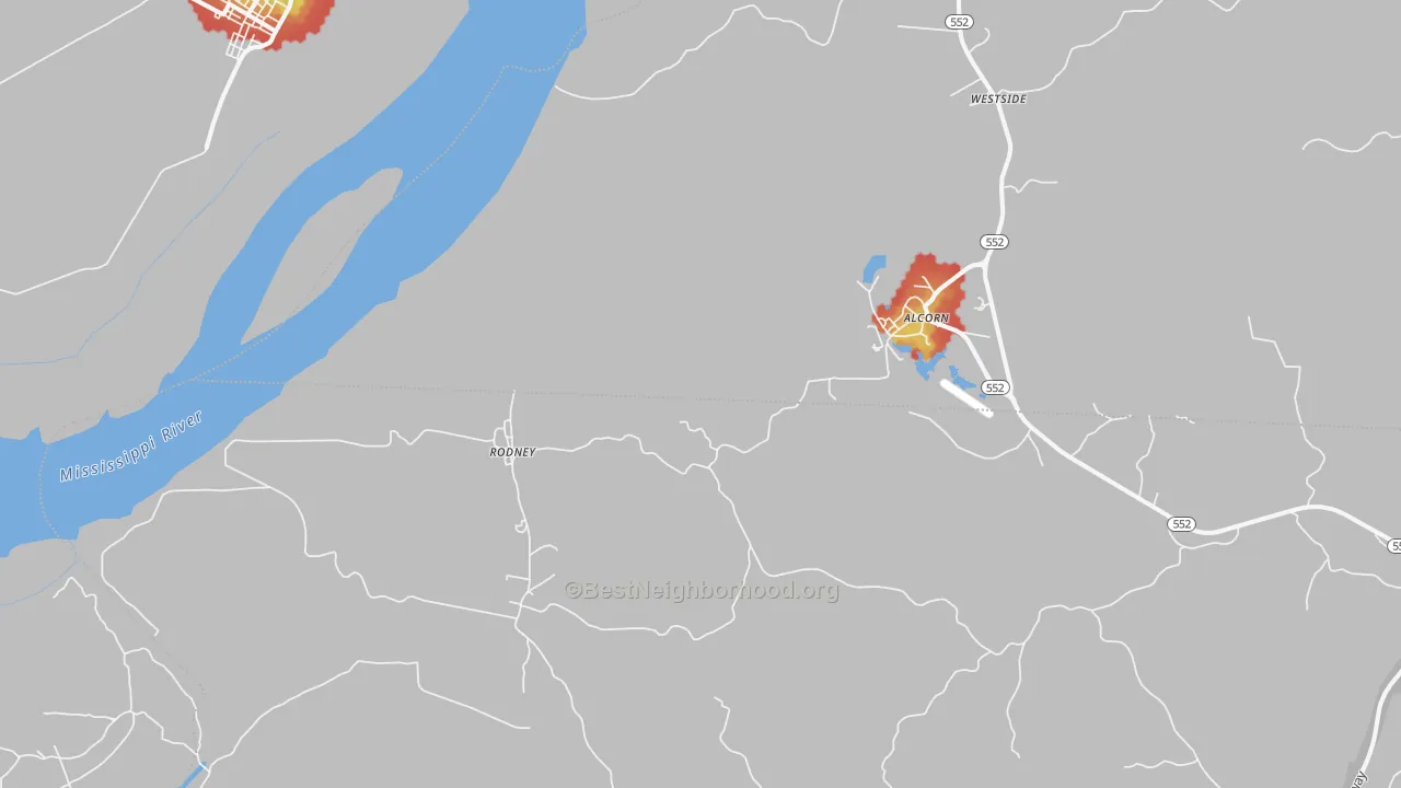 Walk Grade map of Rodney, MS, walkable areas in green and car-dependent areas in red
