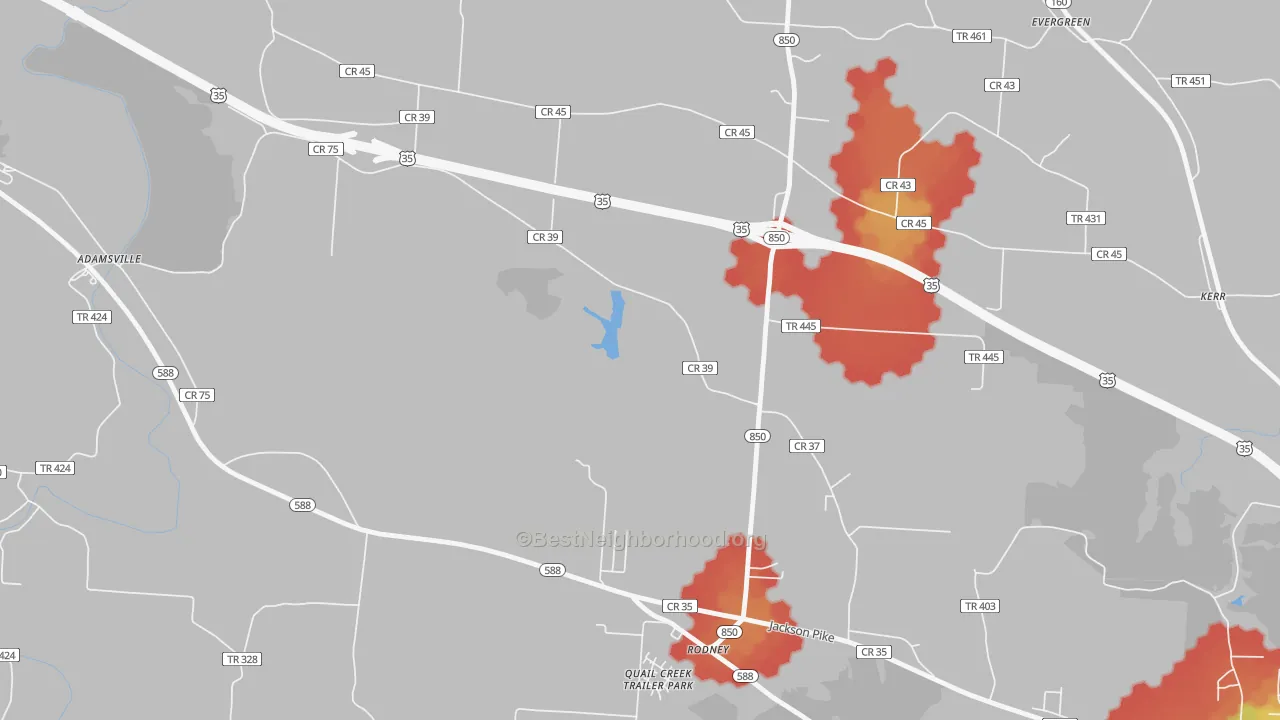 Walk Grade map of Rodney, OH, walkable areas in green and car-dependent areas in red