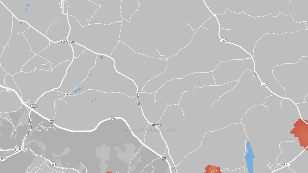 Walk Grade map of Rodney, PA, walkable areas in green and car-dependent areas in red