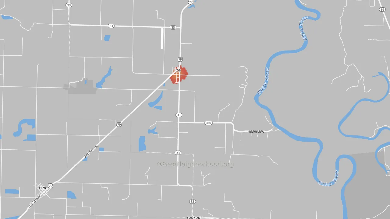 Walk Grade map of Roe, AR, walkable areas in green and car-dependent areas in red