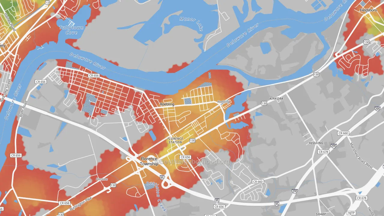 Walk Grade map of Roebling, NJ, walkable areas in green and car-dependent areas in red