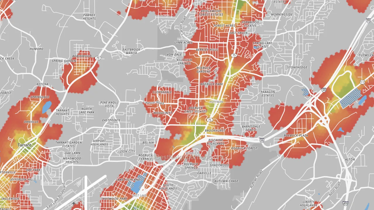 Walk Grade map of Roebuck, Birmingham, AL, walkable areas in green and car-dependent areas in red