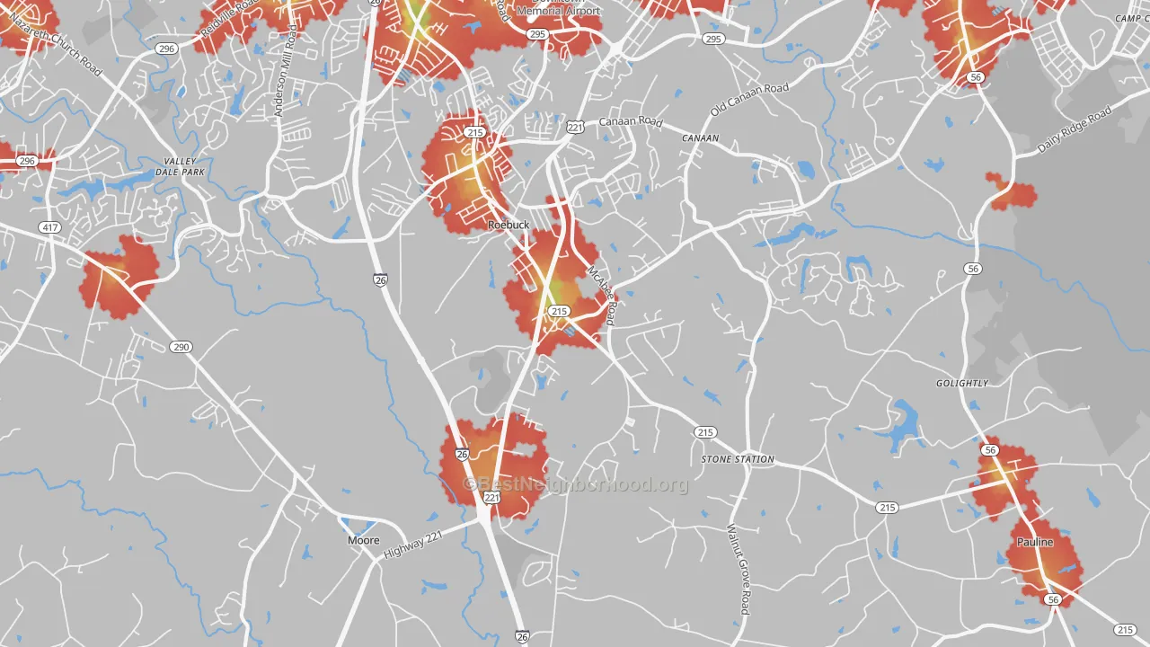 Walk Grade map of Roebuck, SC, walkable areas in green and car-dependent areas in red