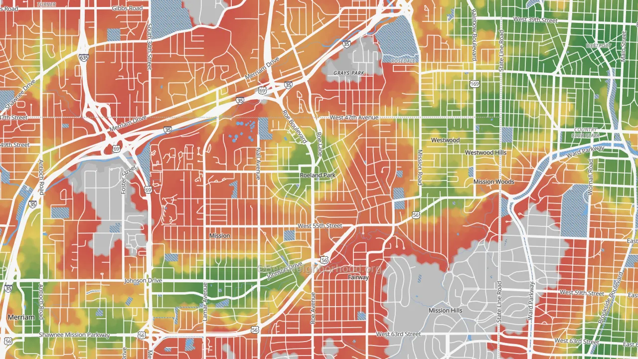 Walk Grade map of Roeland Park, KS, walkable areas in green and car-dependent areas in red