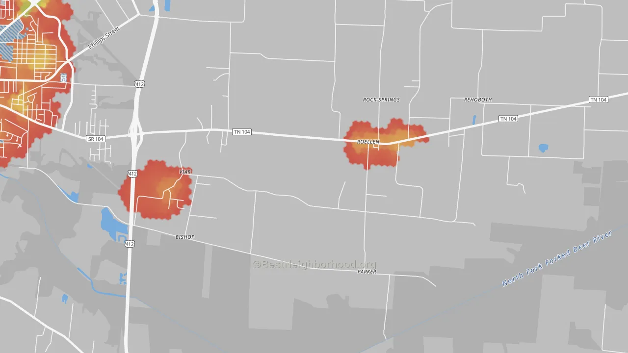Walk Grade map of RoEllen, TN, walkable areas in green and car-dependent areas in red