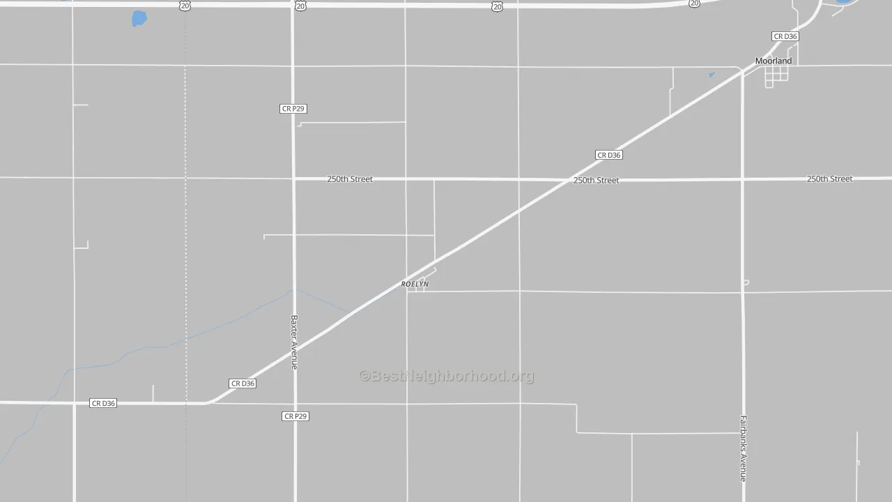 Walk Grade map of Roelyn, IA, walkable areas in green and car-dependent areas in red