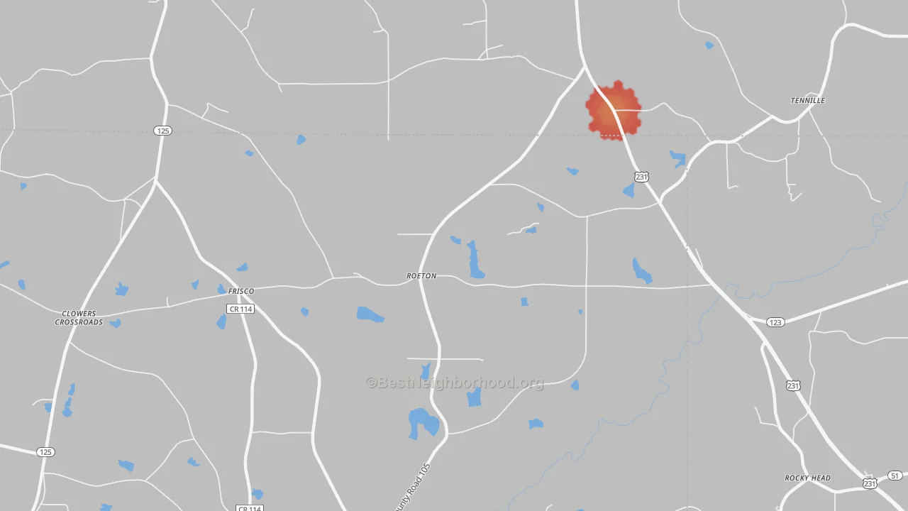Walk Grade map of Roeton, AL, walkable areas in green and car-dependent areas in red