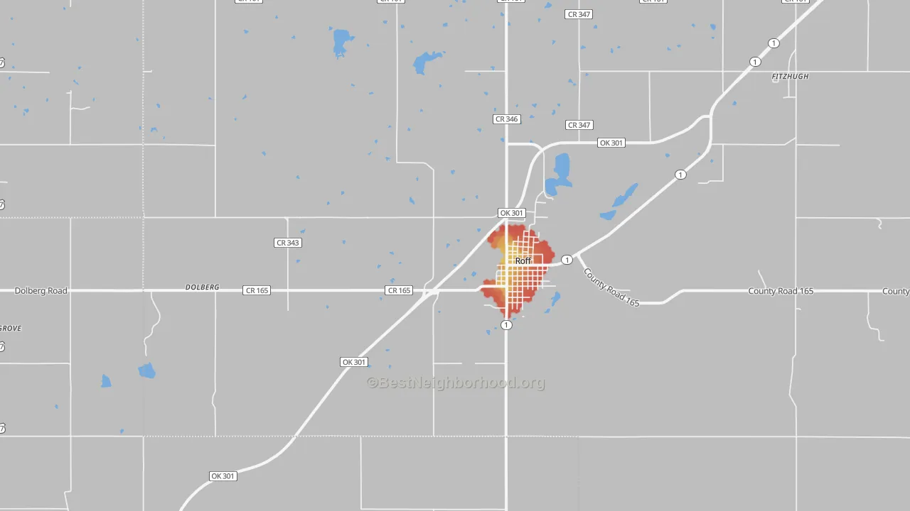 Walk Grade map of Roff, OK, walkable areas in green and car-dependent areas in red