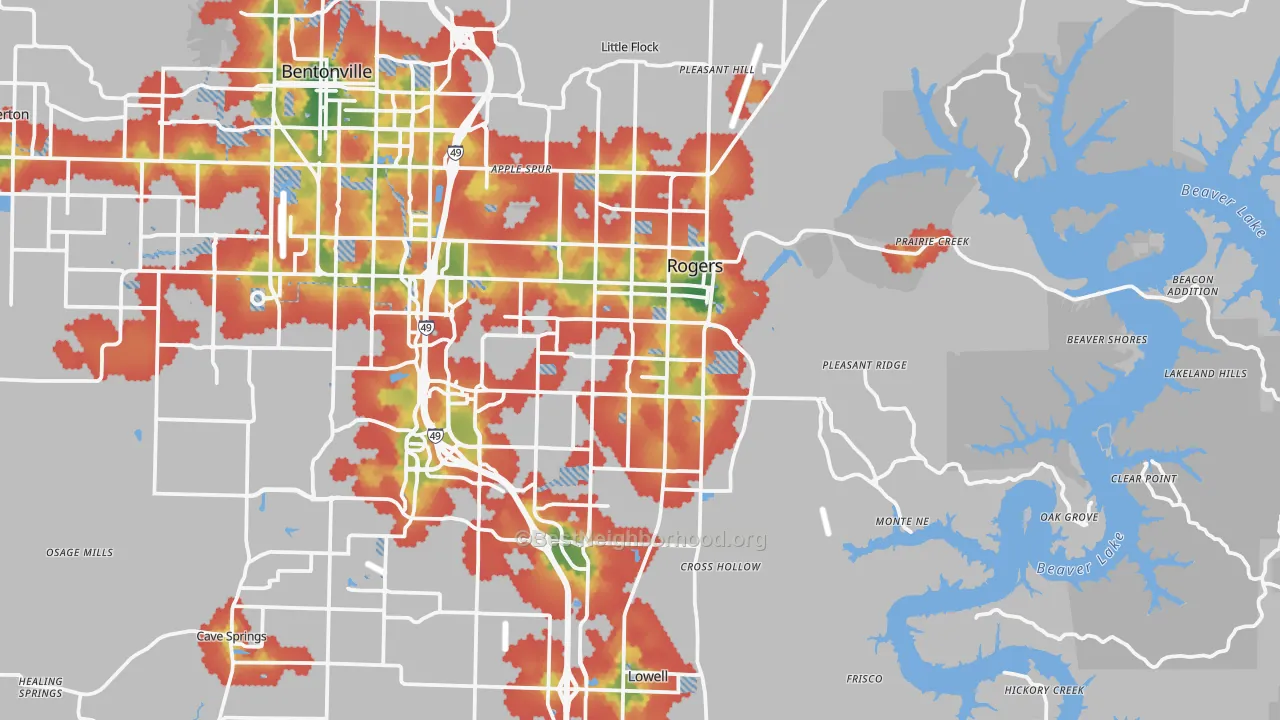 Walk Grade map of Rogers, AR, walkable areas in green and car-dependent areas in red