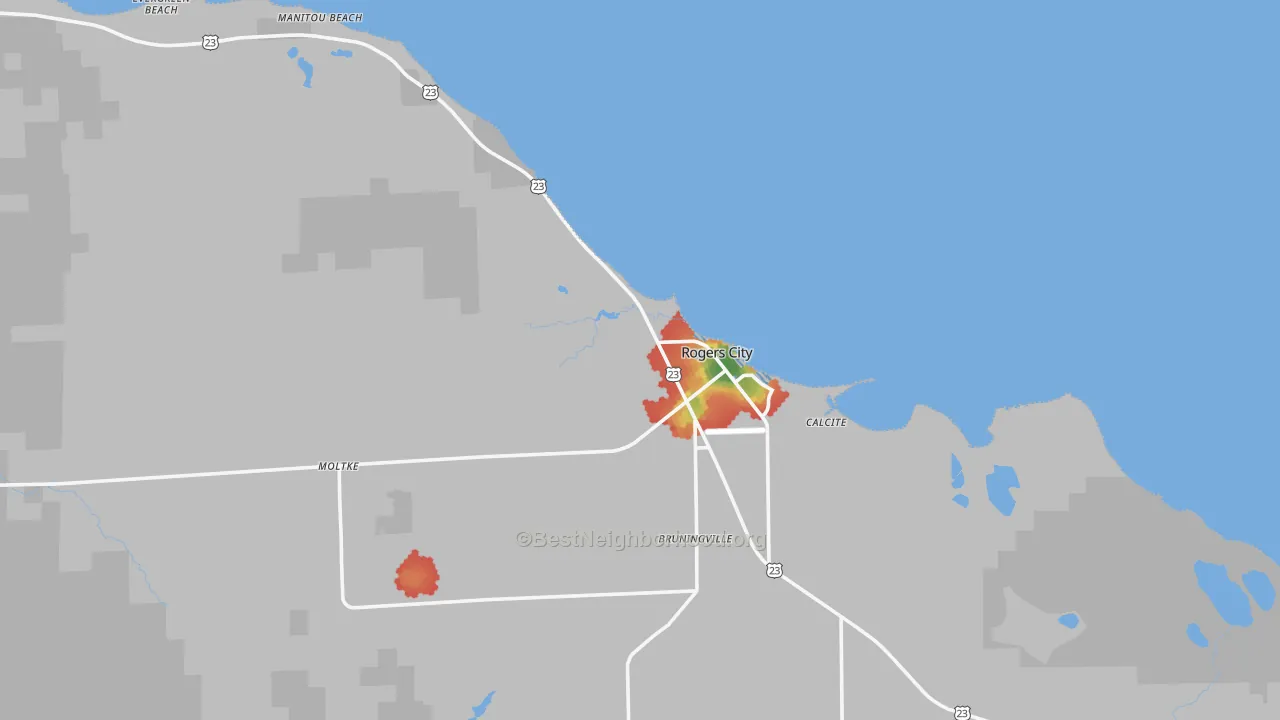 Walk Grade map of Rogers City, MI, walkable areas in green and car-dependent areas in red