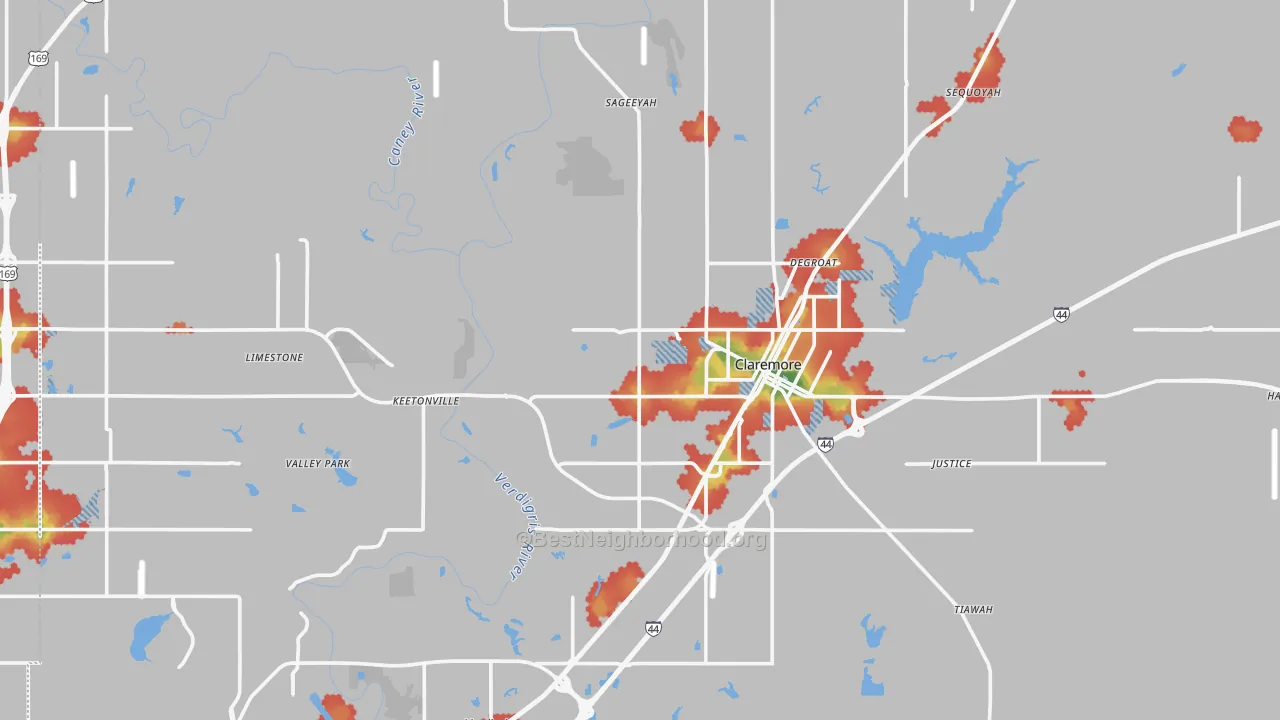 Walk Grade map of Rogers County, OK, walkable areas in green and car-dependent areas in red
