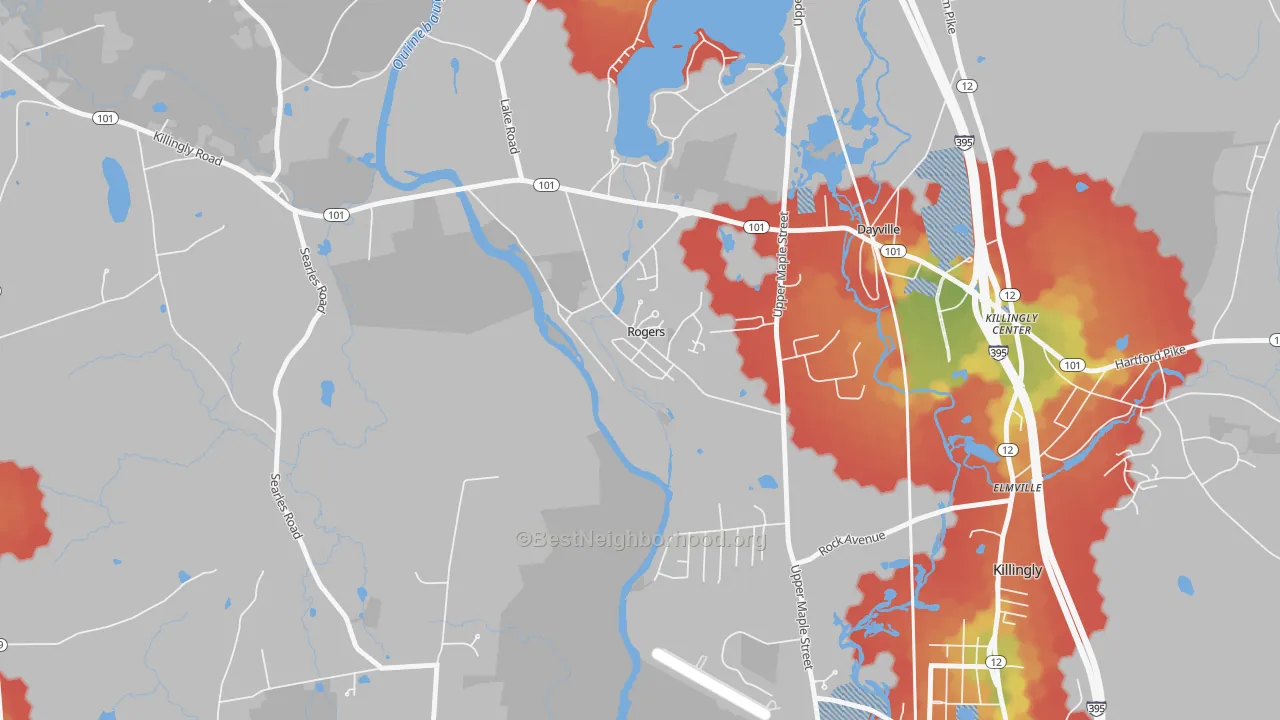 Walk Grade map of Rogers, CT, walkable areas in green and car-dependent areas in red