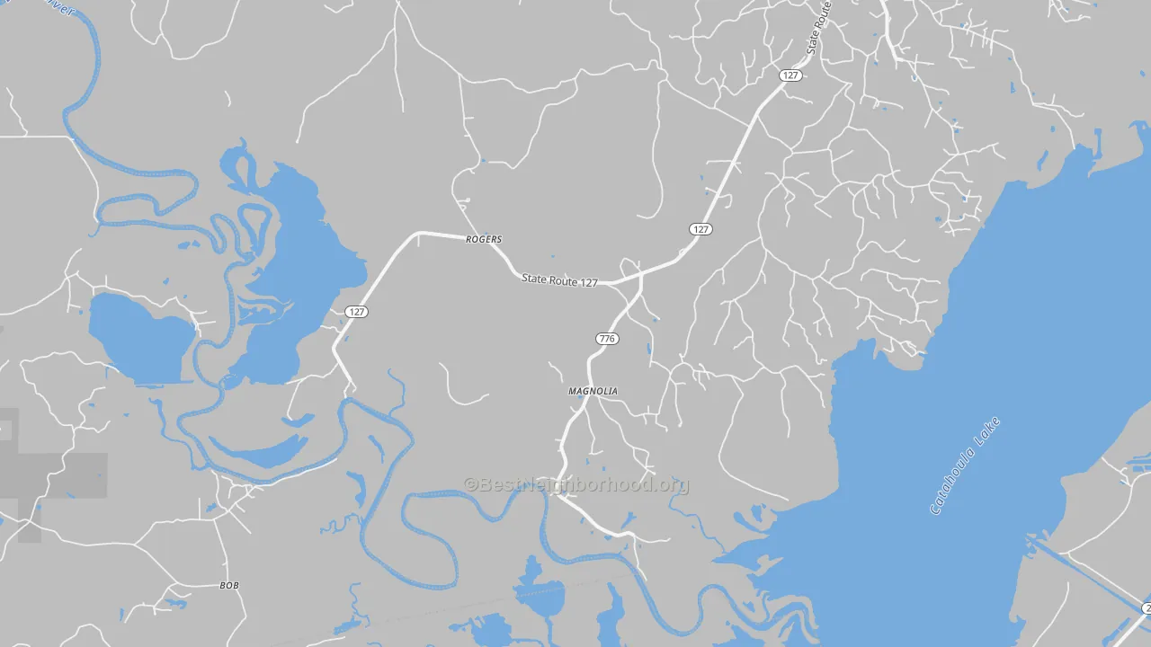 Walk Grade map of Rogers, LA, walkable areas in green and car-dependent areas in red