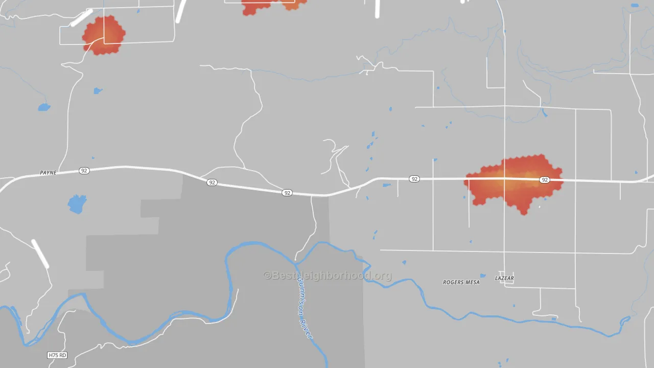 Walk Grade map of Rogers Mesa, CO, walkable areas in green and car-dependent areas in red