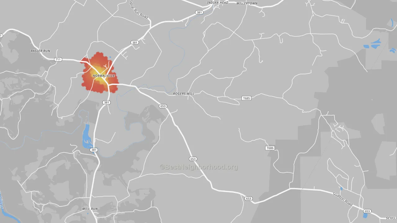 Walk Grade map of Rogers Mill, PA, walkable areas in green and car-dependent areas in red