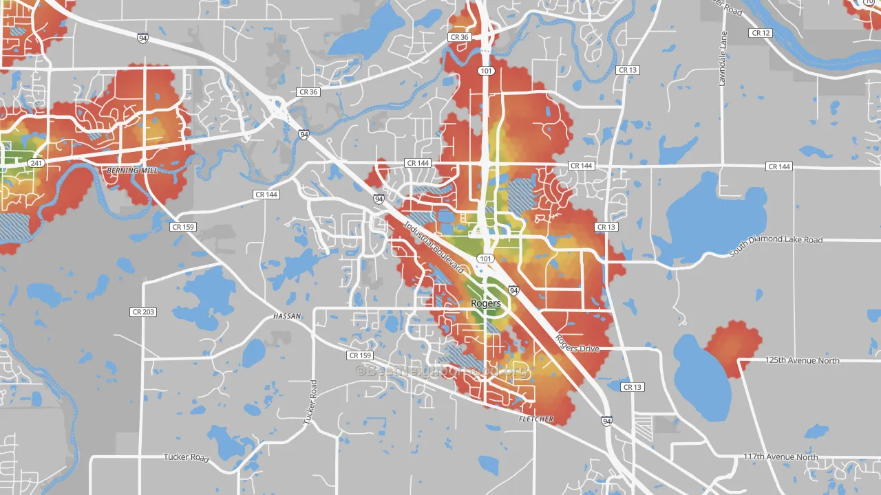Walk Grade map of Rogers, MN, walkable areas in green and car-dependent areas in red