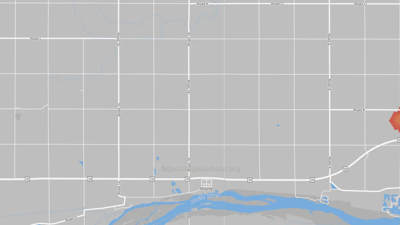 Walk Grade map of Rogers, NE, walkable areas in green and car-dependent areas in red