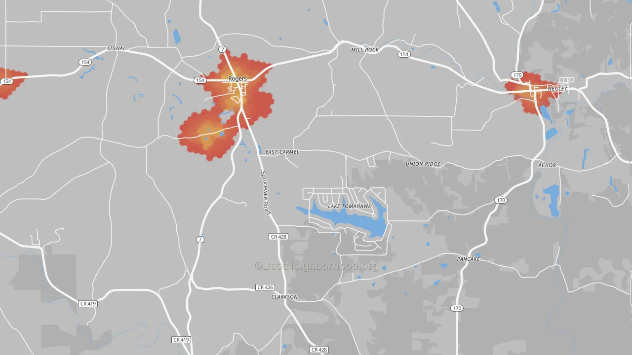 Walk Grade map of Rogers, OH, walkable areas in green and car-dependent areas in red