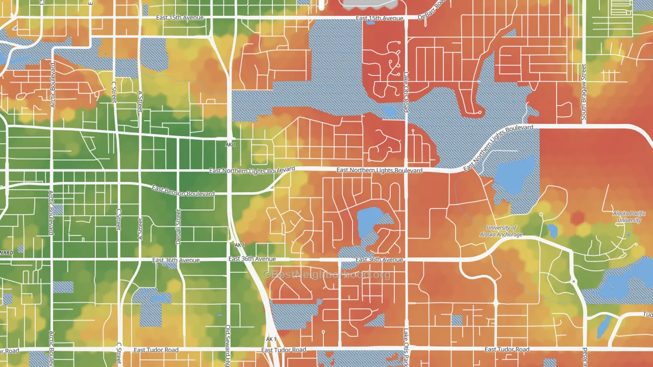 Walk Grade map of Rogers Park, Anchorage, AK, walkable areas in green and car-dependent areas in red
