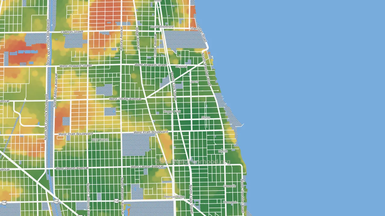 Walk Grade map of Rogers Park, Chicago, IL, walkable areas in green and car-dependent areas in red