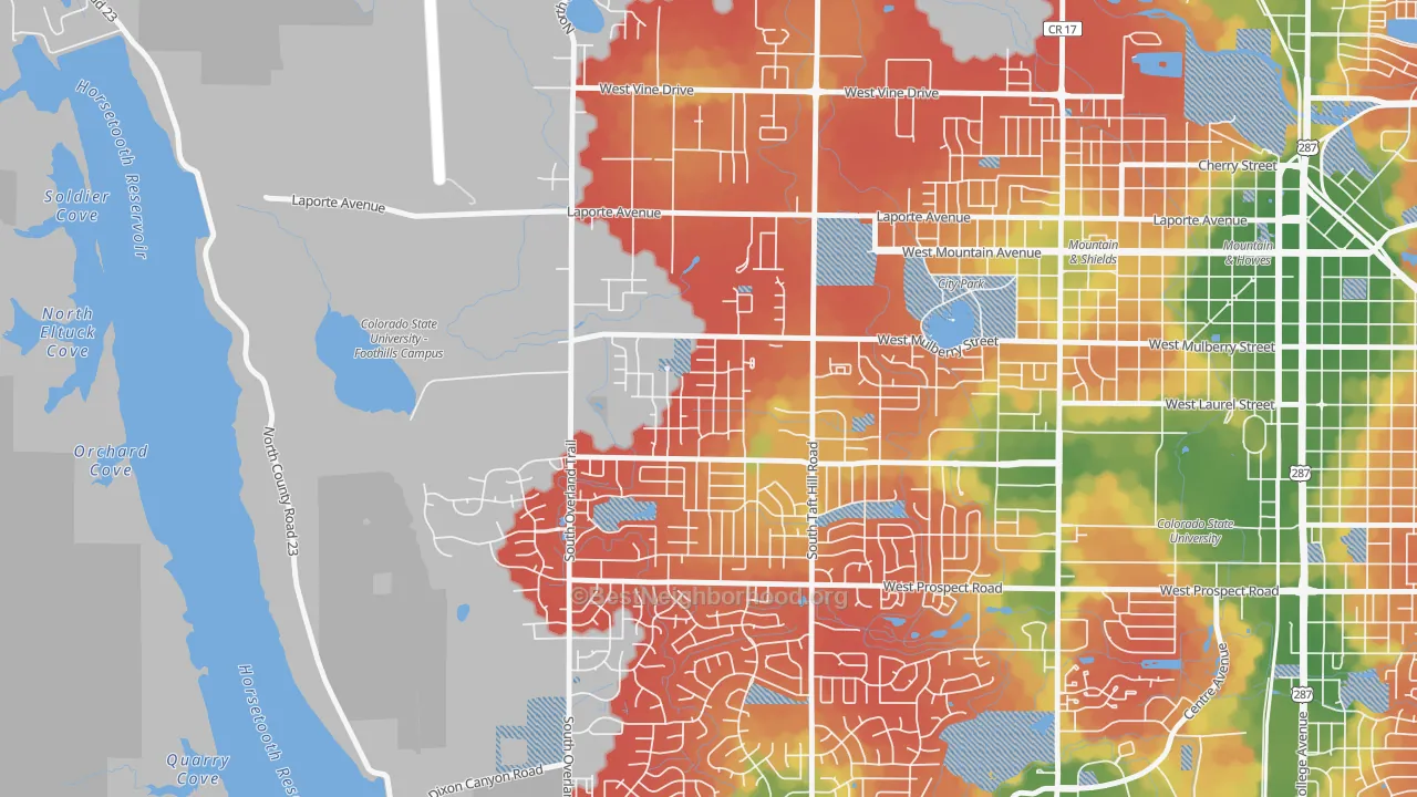 Walk Grade map of Rogers Park, Fort Collins, CO, walkable areas in green and car-dependent areas in red