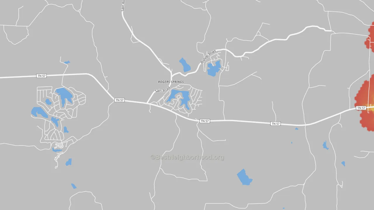Walk Grade map of Rogers Spring, TN, walkable areas in green and car-dependent areas in red