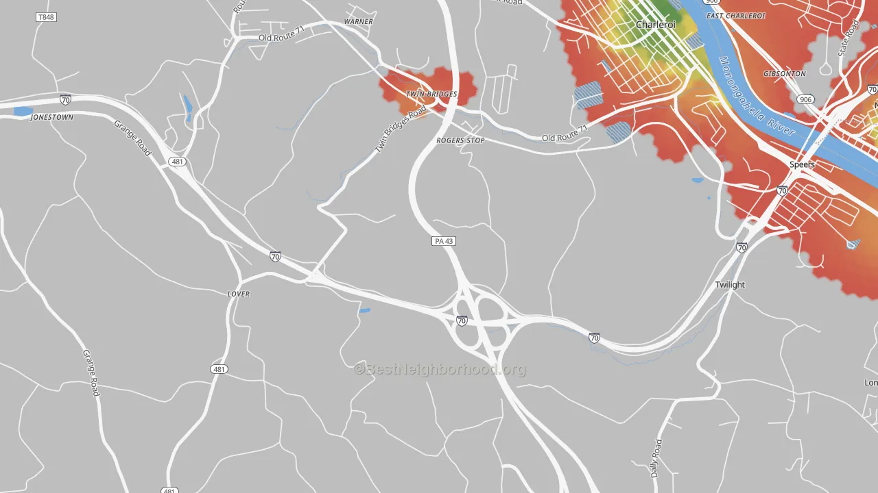 Walk Grade map of Rogers Stop, PA, walkable areas in green and car-dependent areas in red