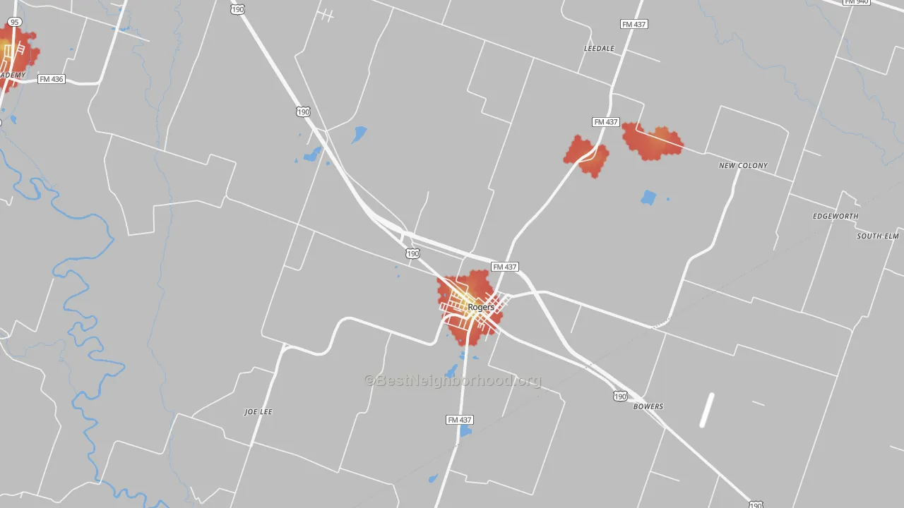 Walk Grade map of Rogers, TX, walkable areas in green and car-dependent areas in red