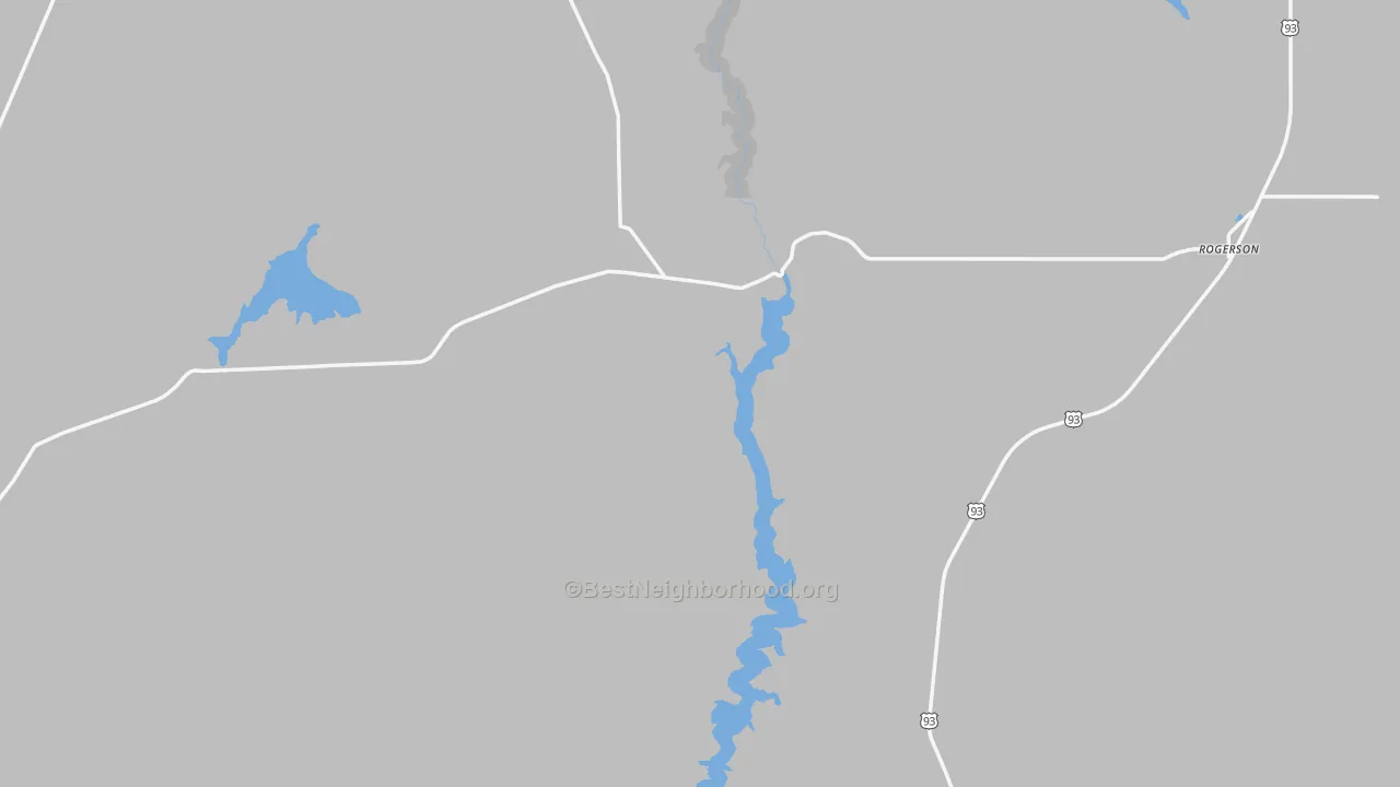 Walk Grade map of Rogerson, ID, walkable areas in green and car-dependent areas in red