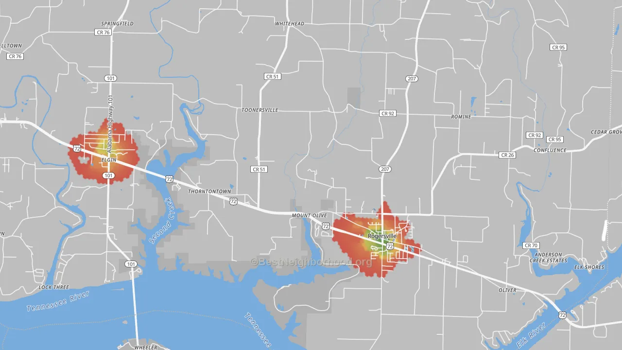 Walk Grade map of Rogersville, AL, walkable areas in green and car-dependent areas in red