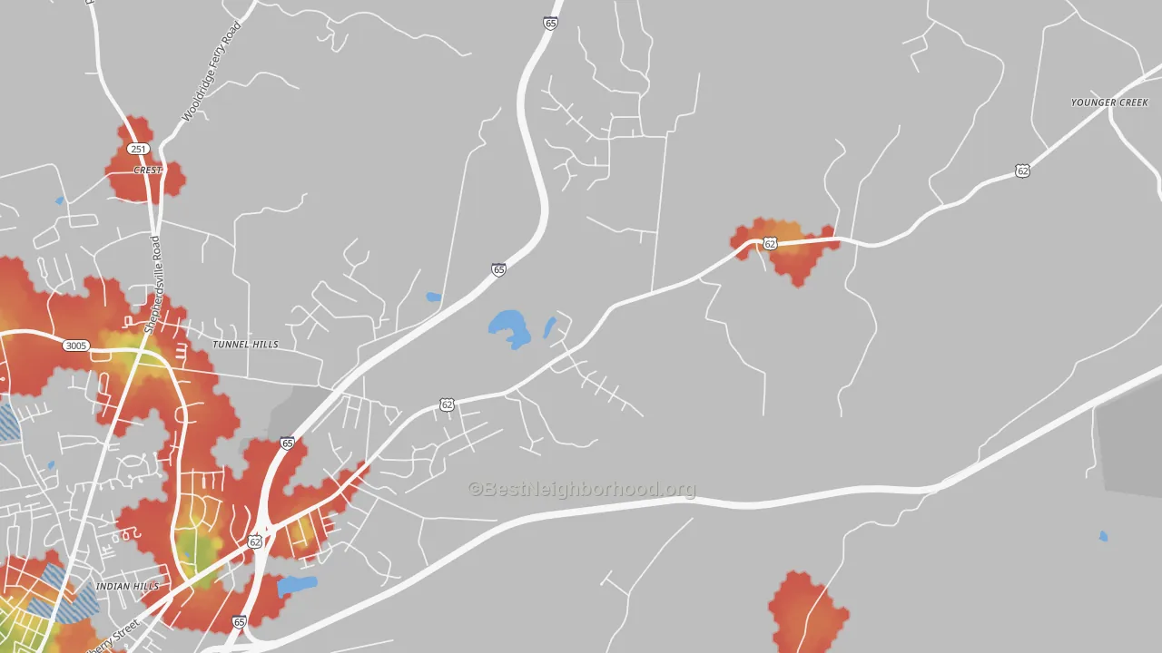 Walk Grade map of Rogersville, KY, walkable areas in green and car-dependent areas in red