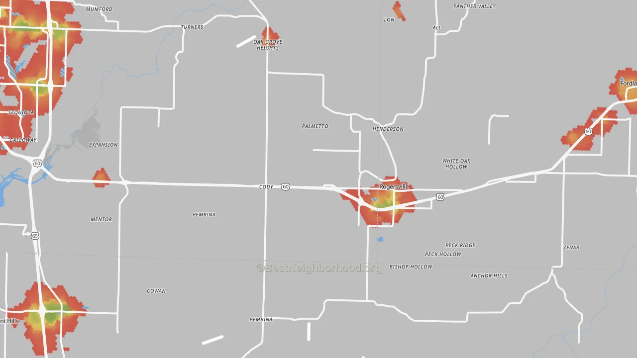 Walk Grade map of Rogersville, MO, walkable areas in green and car-dependent areas in red