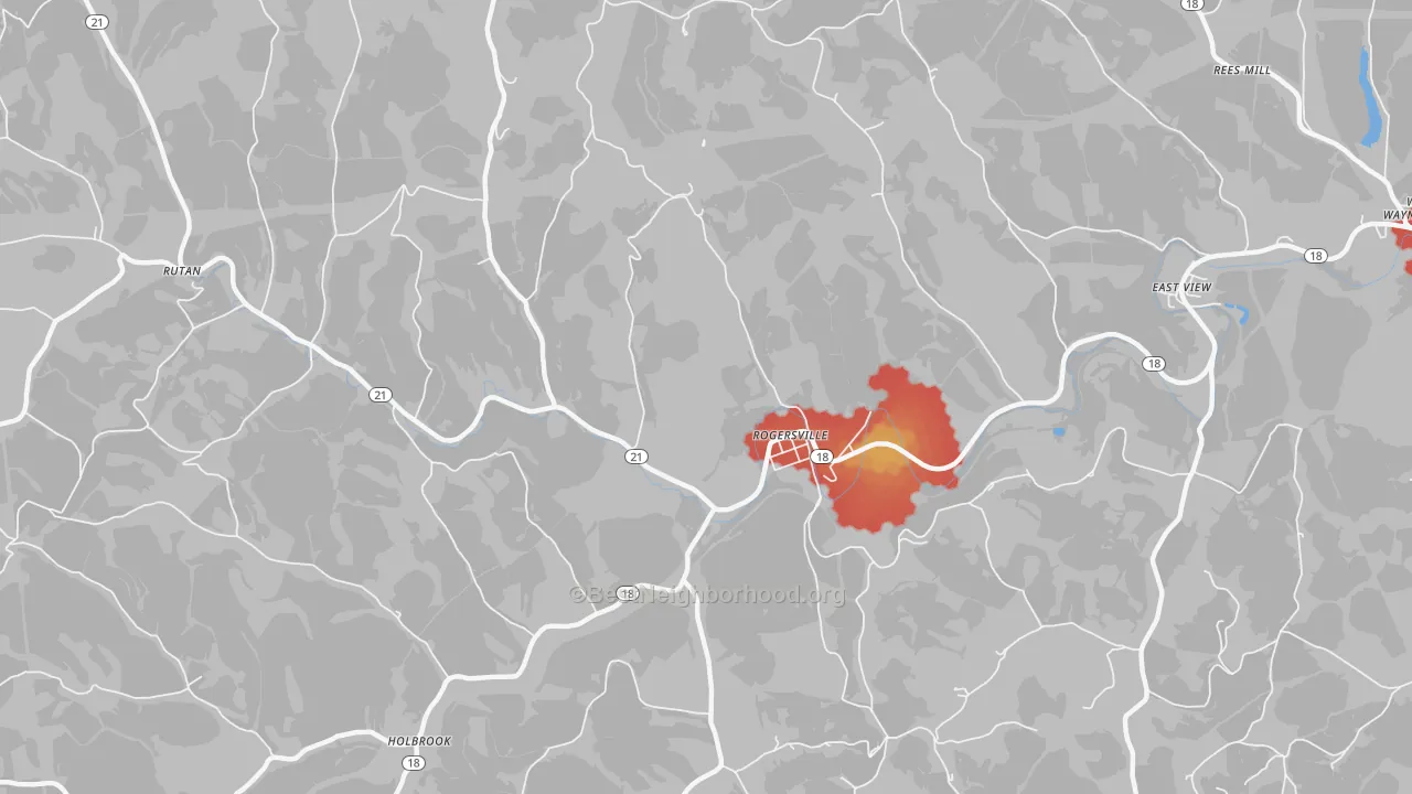 Walk Grade map of Rogersville, PA, walkable areas in green and car-dependent areas in red