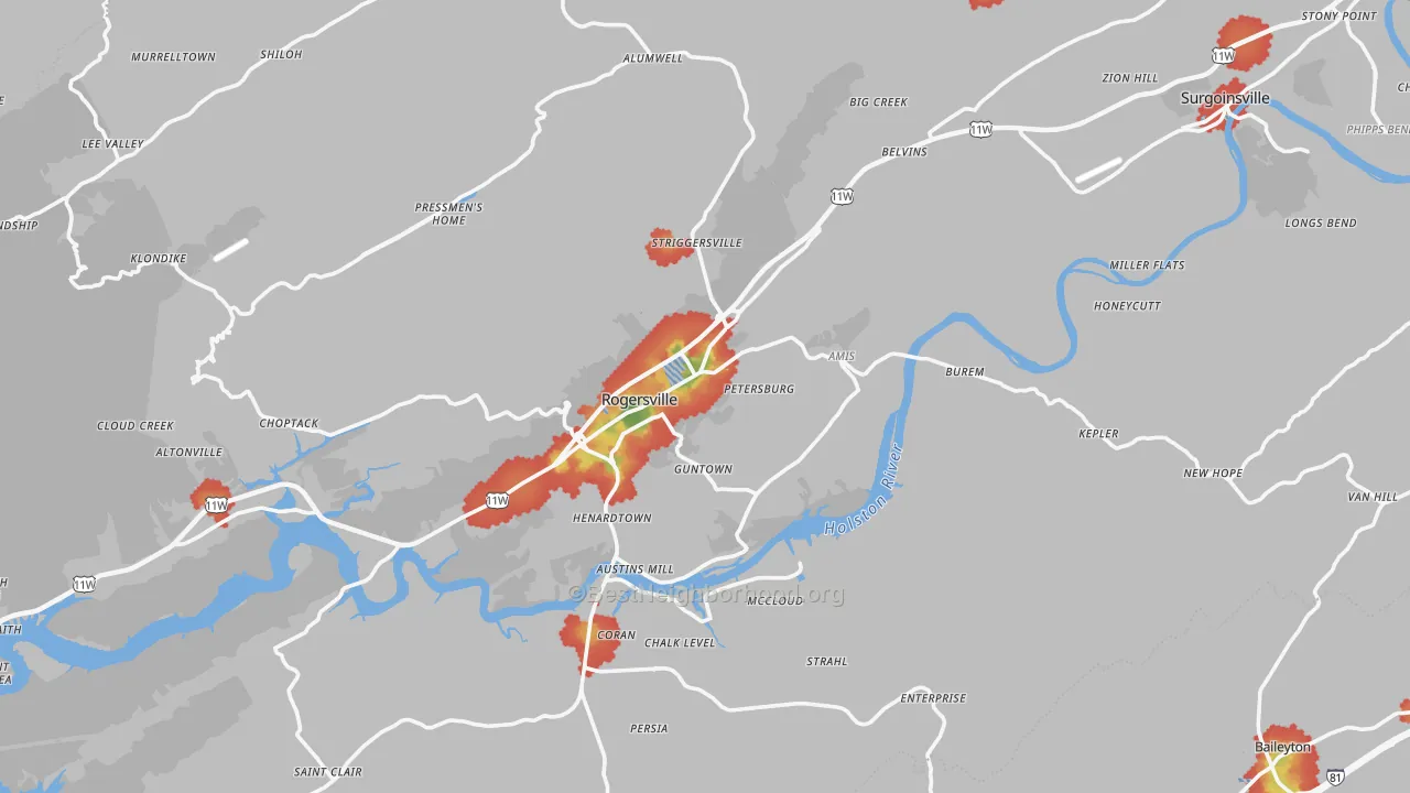 Walk Grade map of Rogersville, TN, walkable areas in green and car-dependent areas in red