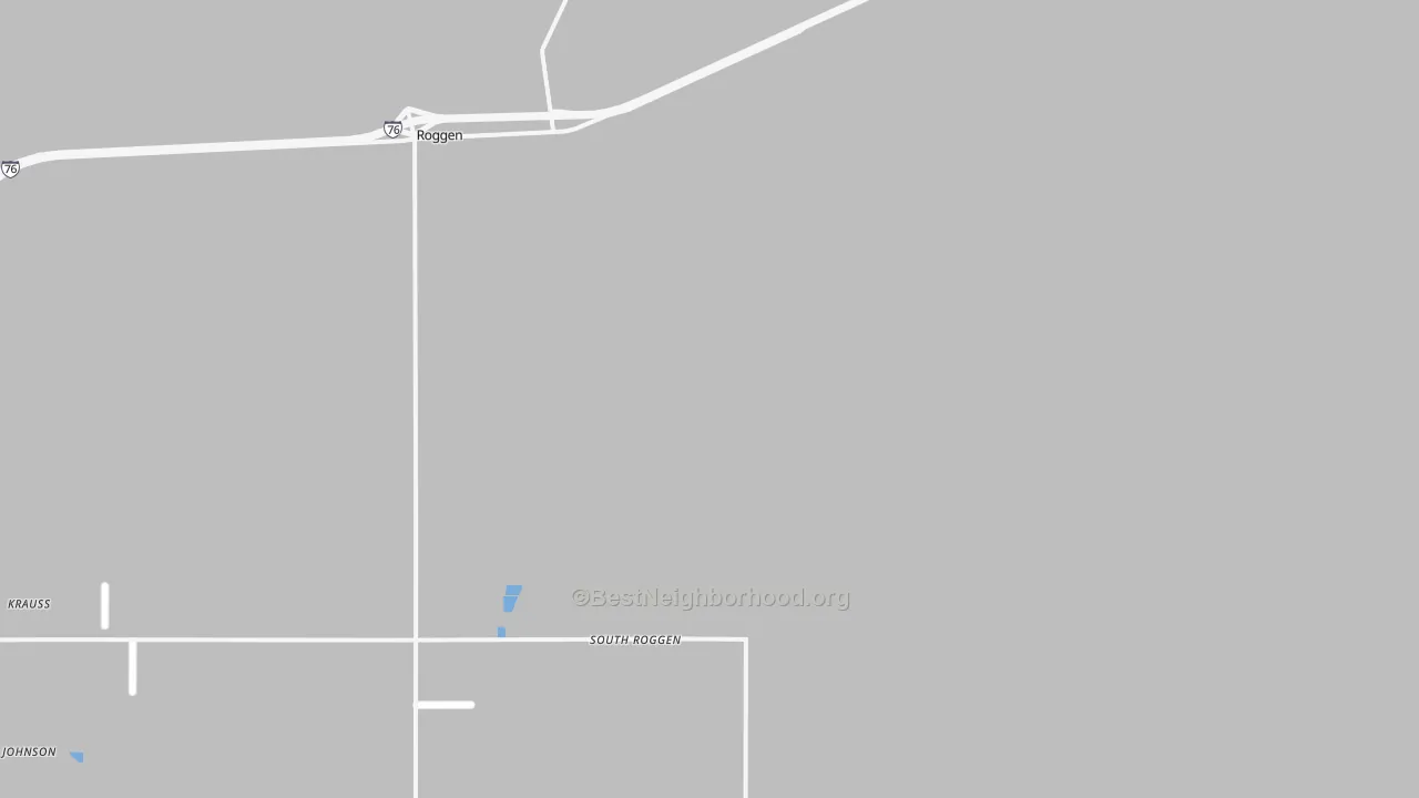 Walk Grade map of Roggen, CO, walkable areas in green and car-dependent areas in red