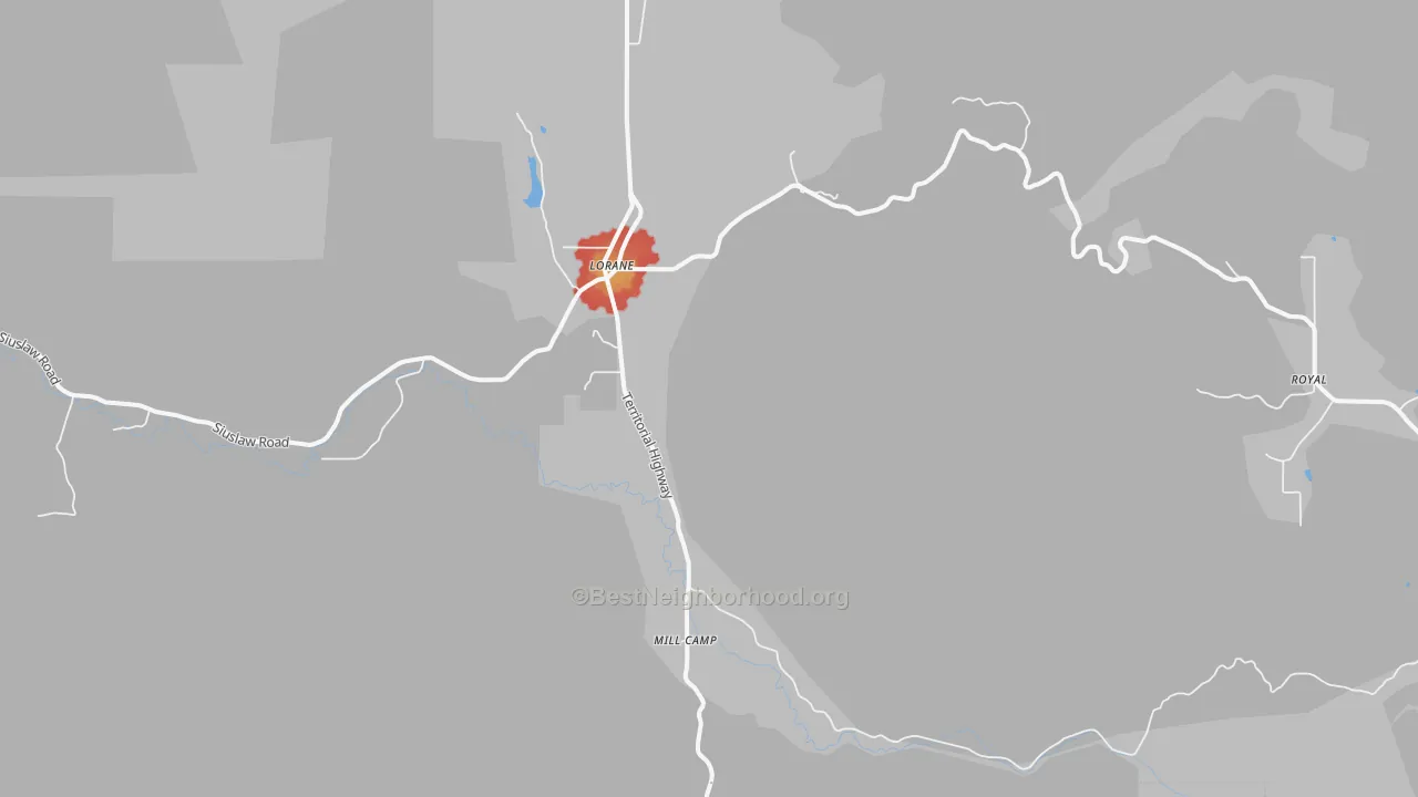 Walk Grade map of Rogue Elk, OR, walkable areas in green and car-dependent areas in red