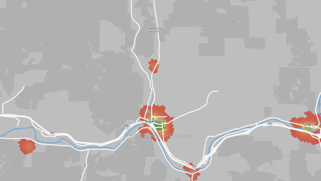 Walk Grade map of Rogue River, OR, walkable areas in green and car-dependent areas in red