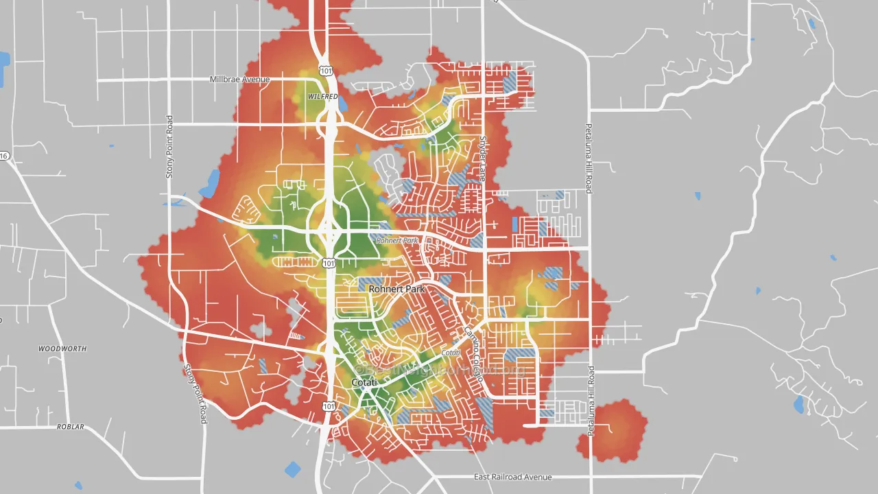 Walk Grade map of Rohnert Park, CA, walkable areas in green and car-dependent areas in red