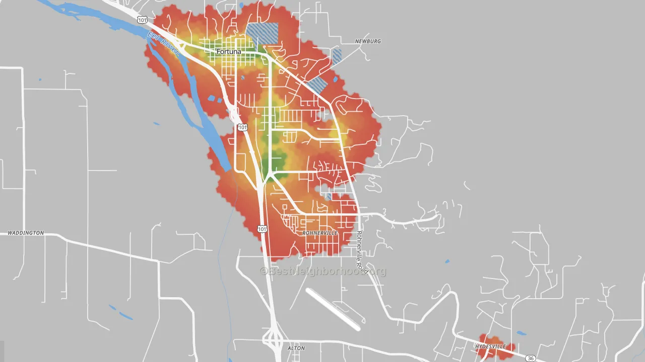 Walk Grade map of Rohnerville, Fortuna, CA, walkable areas in green and car-dependent areas in red