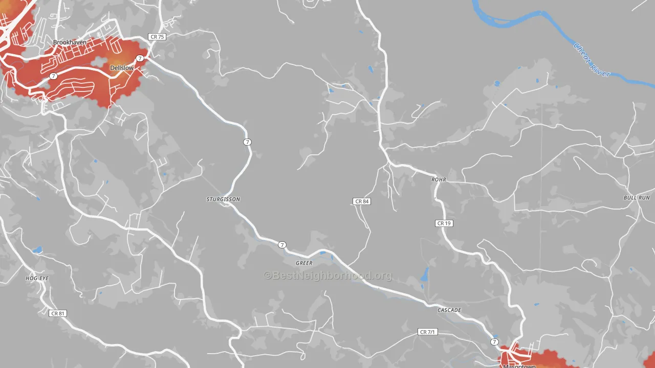 Walk Grade map of Rohr, WV, walkable areas in green and car-dependent areas in red