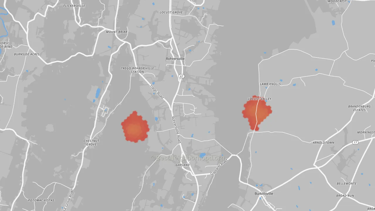 Walk Grade map of Rohrersville, MD, walkable areas in green and car-dependent areas in red