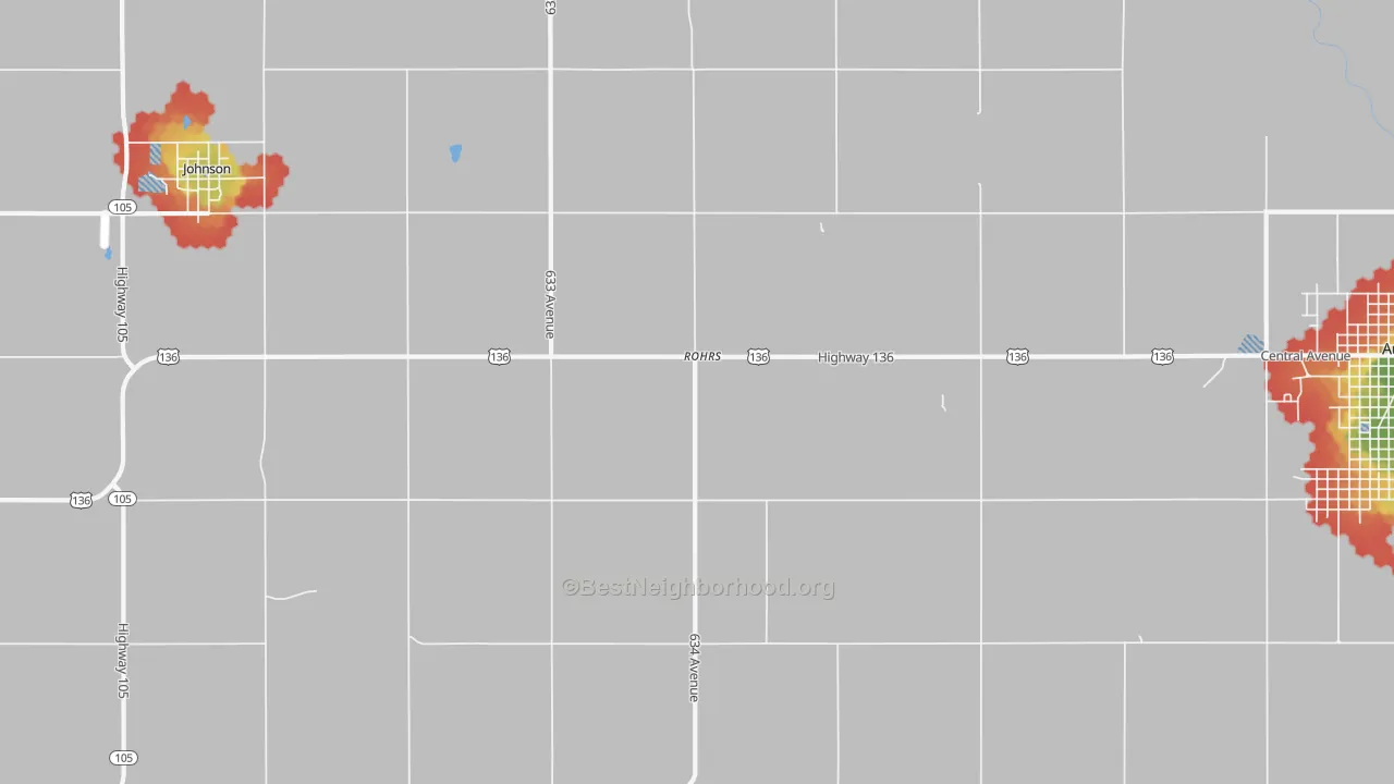 Walk Grade map of Rohrs, NE, walkable areas in green and car-dependent areas in red