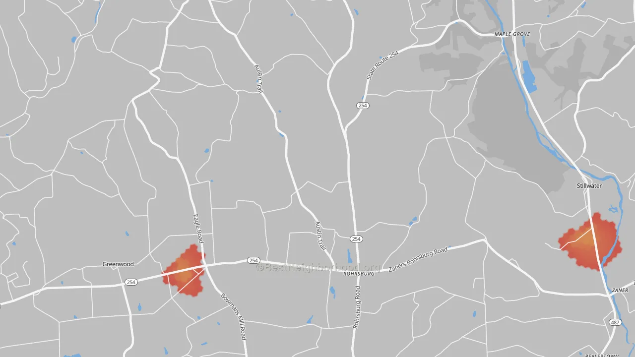 Walk Grade map of Rohrsburg, PA, walkable areas in green and car-dependent areas in red